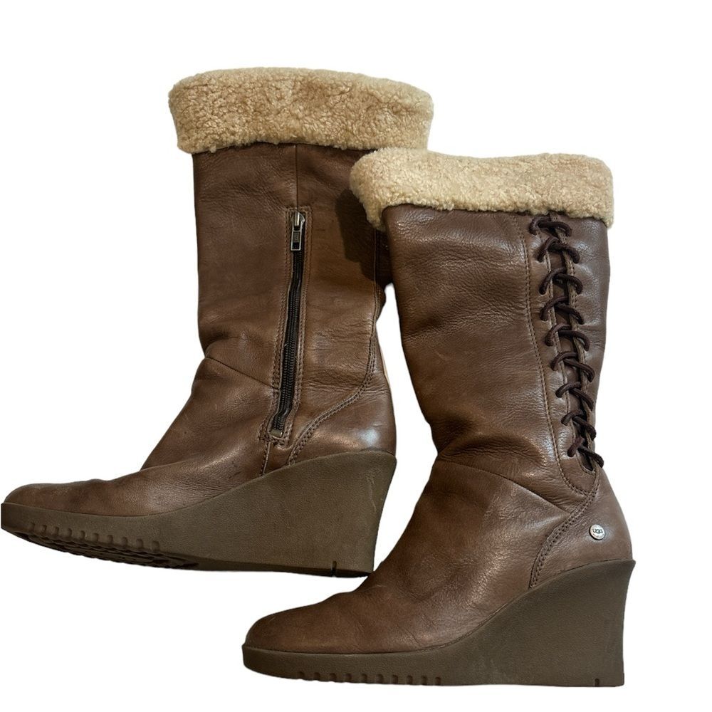 Ugg Felicity Brown Leather boots wedge rubber heel, shearling cuff sz 8 Boho